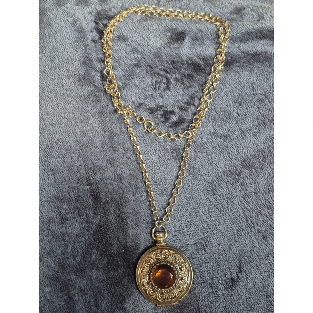Vintage Long Avon Amber Glass Filigree Locket Necklace Gold Tone Victorian Style